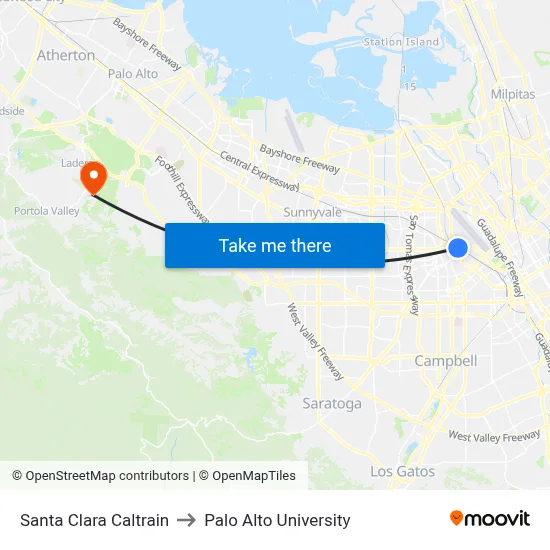 Santa Clara Caltrain to Palo Alto University map