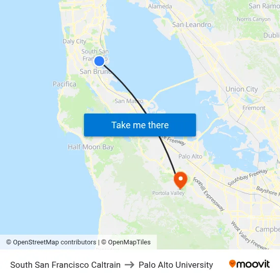 South San Francisco Caltrain to Palo Alto University map