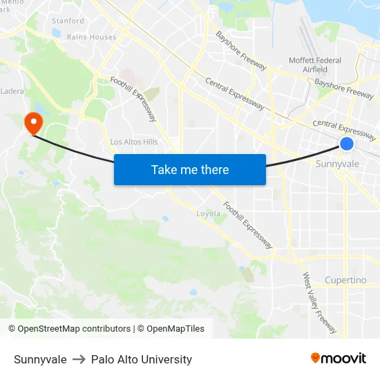 Sunnyvale to Palo Alto University map