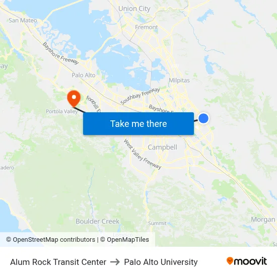 Alum Rock Transit Center to Palo Alto University map