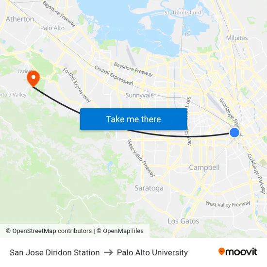 San Jose Diridon Station to Palo Alto University map