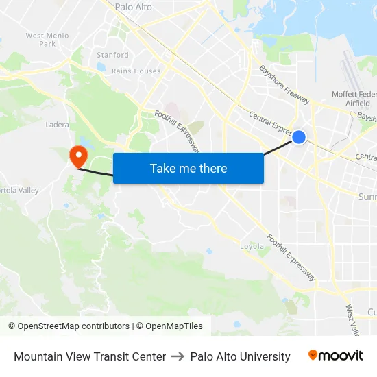 Mountain View Transit Center to Palo Alto University map