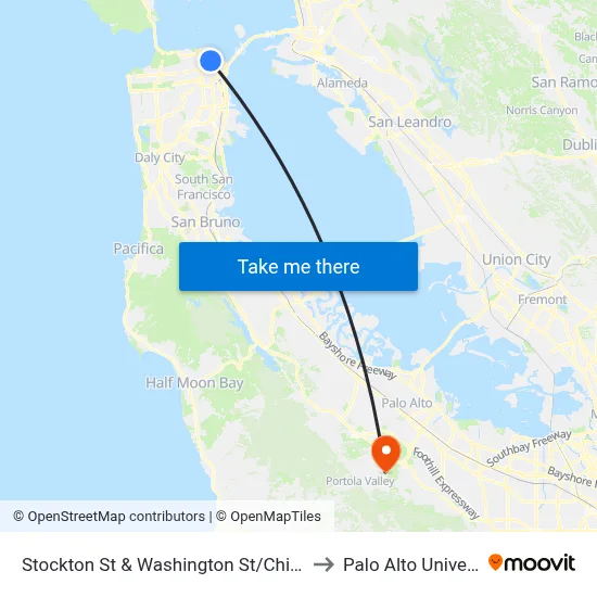 Stockton St & Washington St/Chinatown to Palo Alto University map