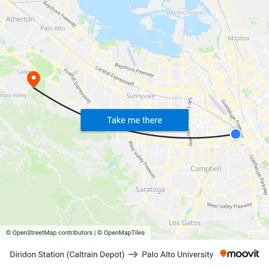 Diridon Station (Caltrain Depot) to Palo Alto University map