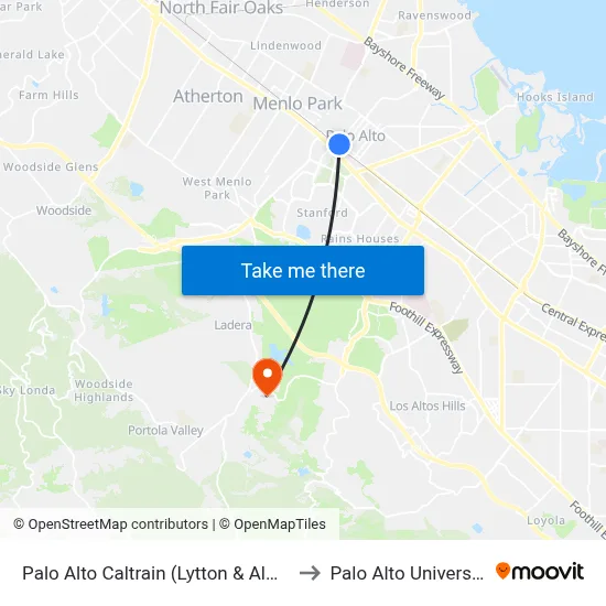 Palo Alto Caltrain (Lytton & Alma) to Palo Alto University map