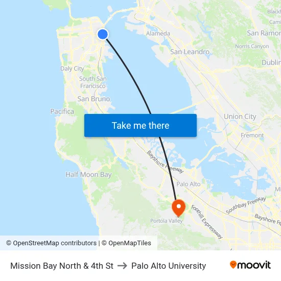 Mission Bay North & 4th St to Palo Alto University map