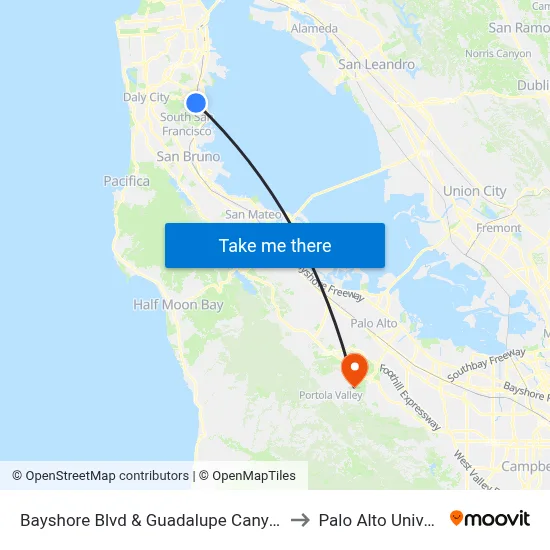 Bayshore Blvd & Guadalupe Canyon Pkwy to Palo Alto University map