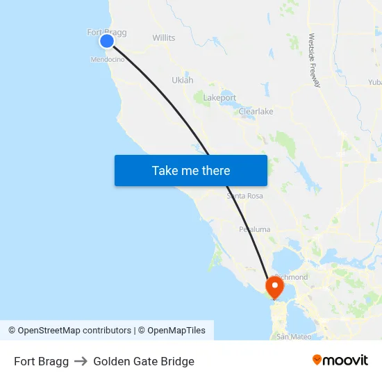Fort Bragg to Golden Gate Bridge map