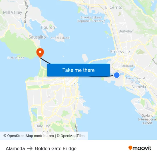 Alameda to Golden Gate Bridge map