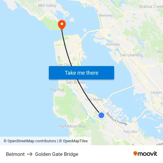 Belmont to Golden Gate Bridge map