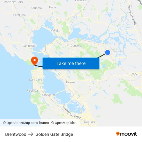 Brentwood to Golden Gate Bridge map