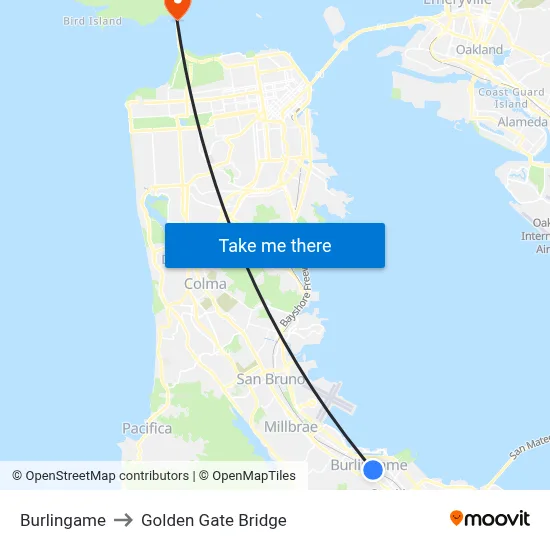 Burlingame to Golden Gate Bridge map