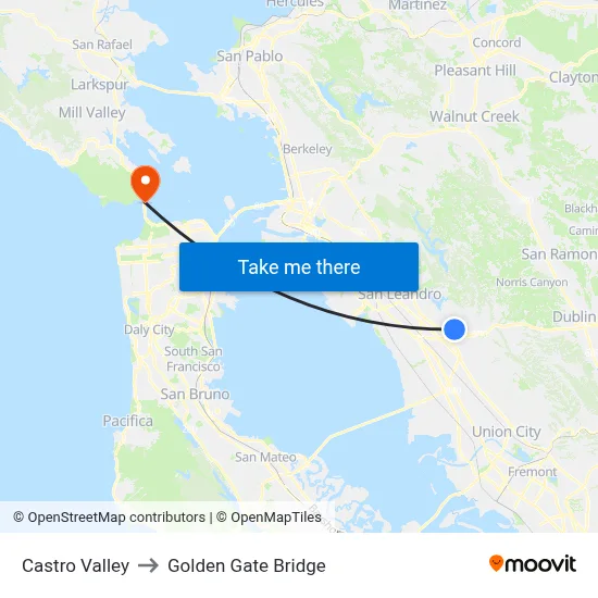 Castro Valley to Golden Gate Bridge map