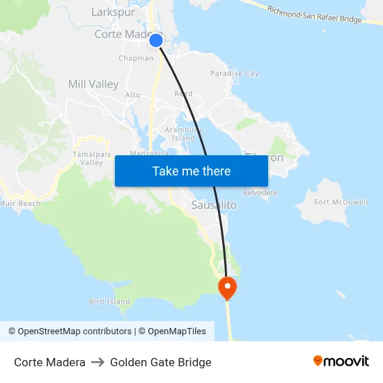 Corte Madera to Golden Gate Bridge map