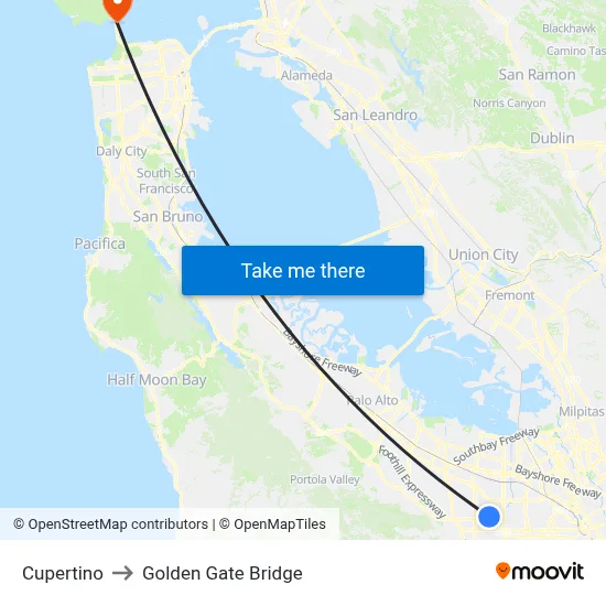 Cupertino to Golden Gate Bridge map
