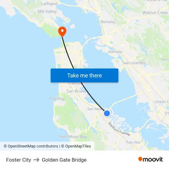 Foster City to Golden Gate Bridge map