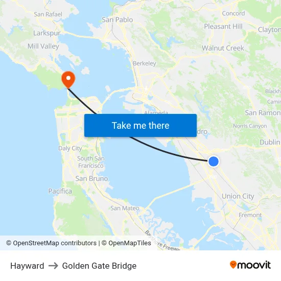 Hayward to Golden Gate Bridge map