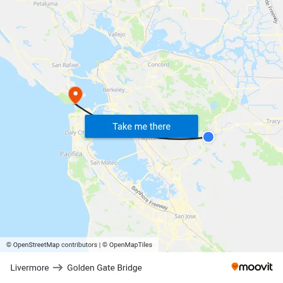 Livermore to Golden Gate Bridge map
