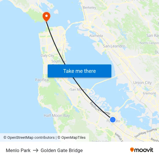 Menlo Park to Golden Gate Bridge map