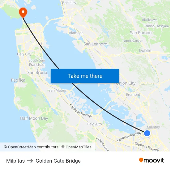Milpitas to Golden Gate Bridge map