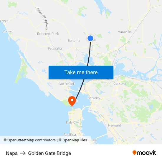 Napa to Golden Gate Bridge map
