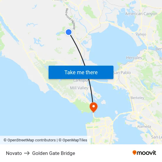Novato to Golden Gate Bridge map