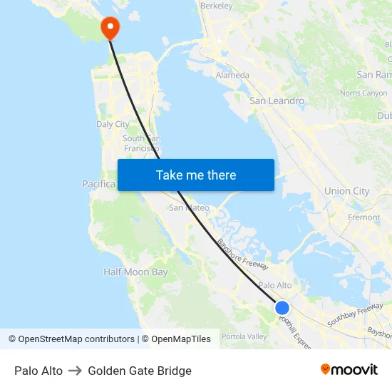 Palo Alto to Golden Gate Bridge map