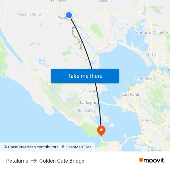 Petaluma to Golden Gate Bridge map