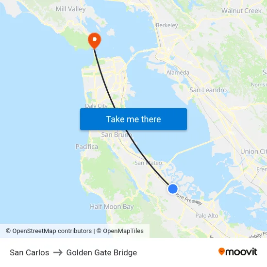 San Carlos to Golden Gate Bridge map