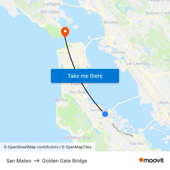 San Mateo to Golden Gate Bridge map