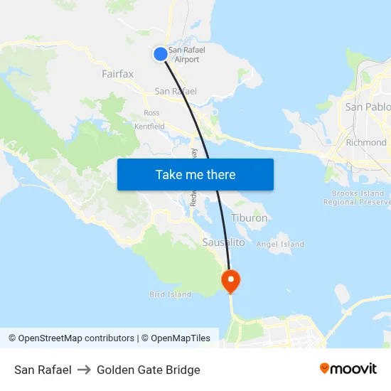 San Rafael to Golden Gate Bridge map