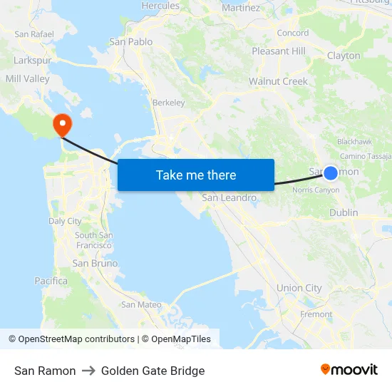 San Ramon to Golden Gate Bridge map