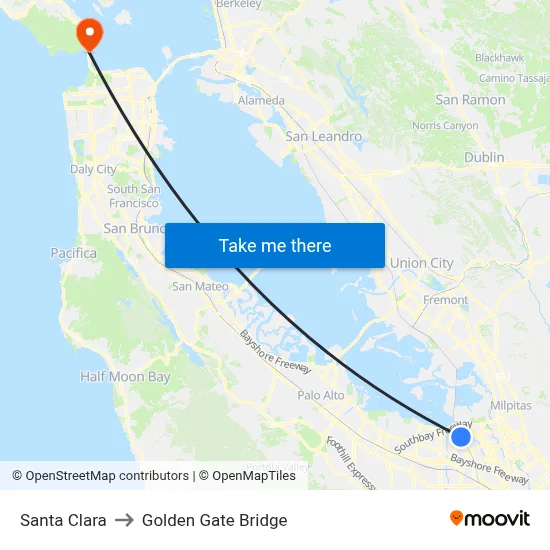 Santa Clara to Golden Gate Bridge map