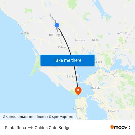 Santa Rosa to Golden Gate Bridge map