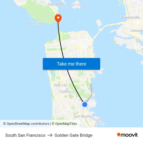 South San Francisco to Golden Gate Bridge map