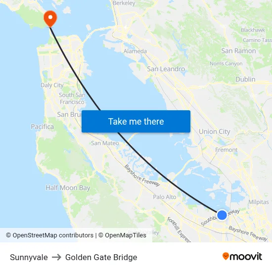 Sunnyvale to Golden Gate Bridge map