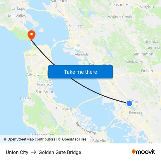 Union City to Golden Gate Bridge map