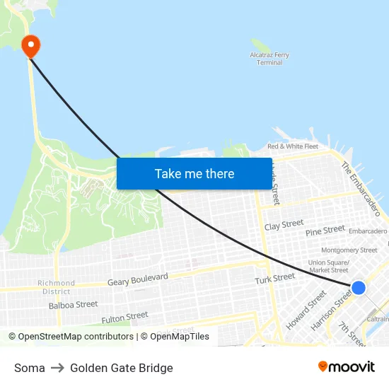 Soma to Golden Gate Bridge map