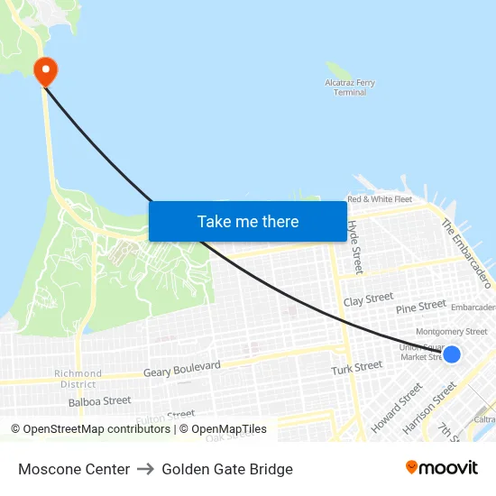 Moscone Center to Golden Gate Bridge map
