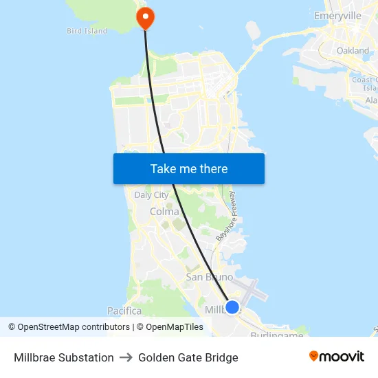 Millbrae Substation to Golden Gate Bridge map