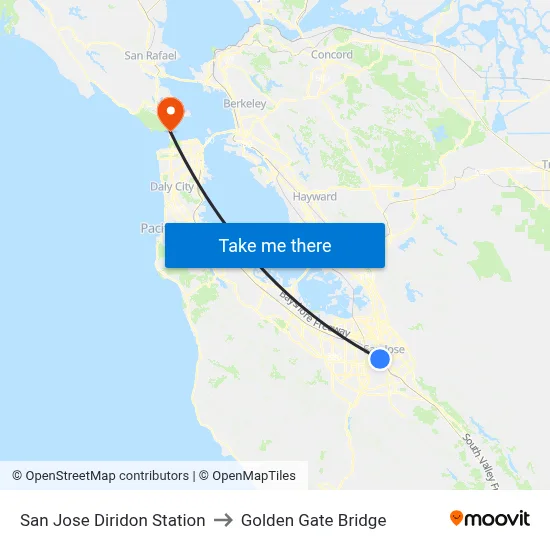 San Jose Diridon Station to Golden Gate Bridge map
