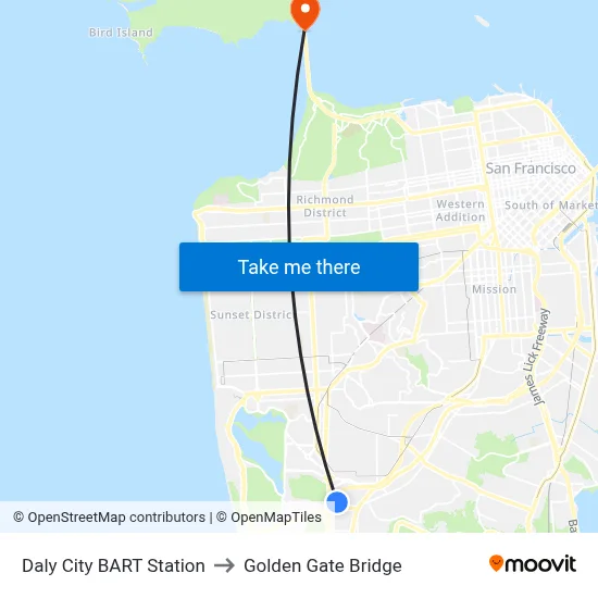 Daly City BART Station to Golden Gate Bridge map