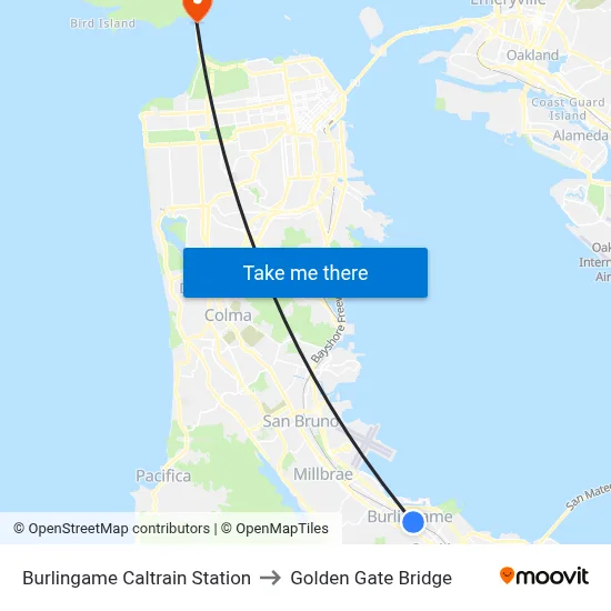 Burlingame Caltrain Station to Golden Gate Bridge map