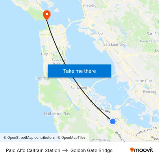 Palo Alto Caltrain Station to Golden Gate Bridge map