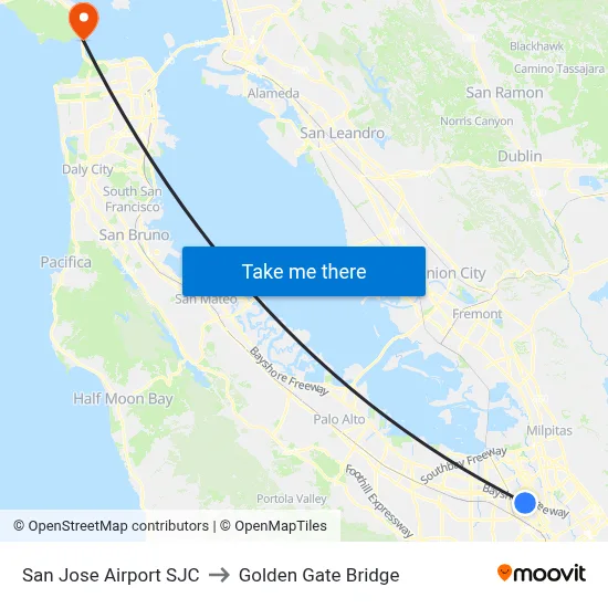 San Jose Airport SJC to Golden Gate Bridge map