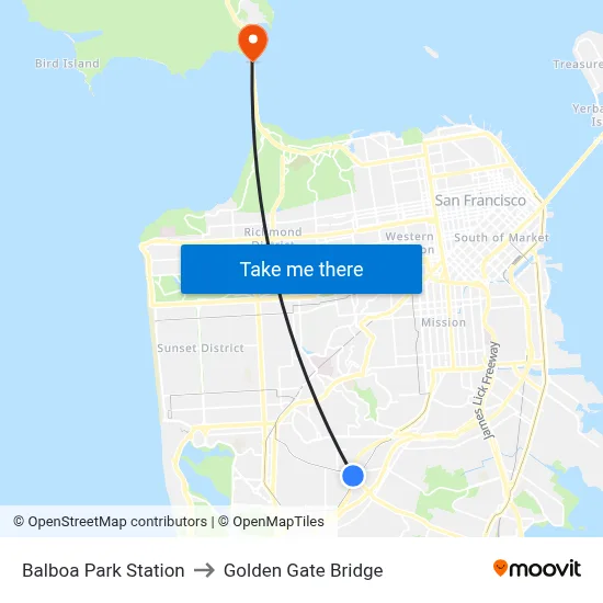 Balboa Park Station to Golden Gate Bridge map