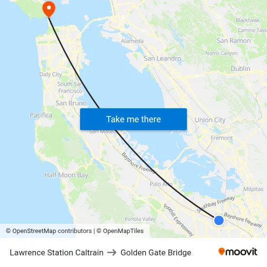 Lawrence Station Caltrain to Golden Gate Bridge map