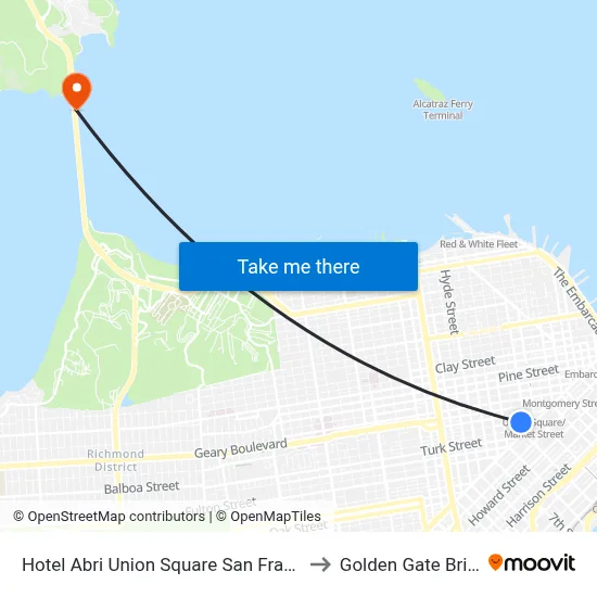 Hotel Abri Union Square San Francisco to Golden Gate Bridge map