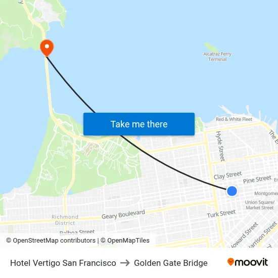 Hotel Vertigo San Francisco to Golden Gate Bridge map