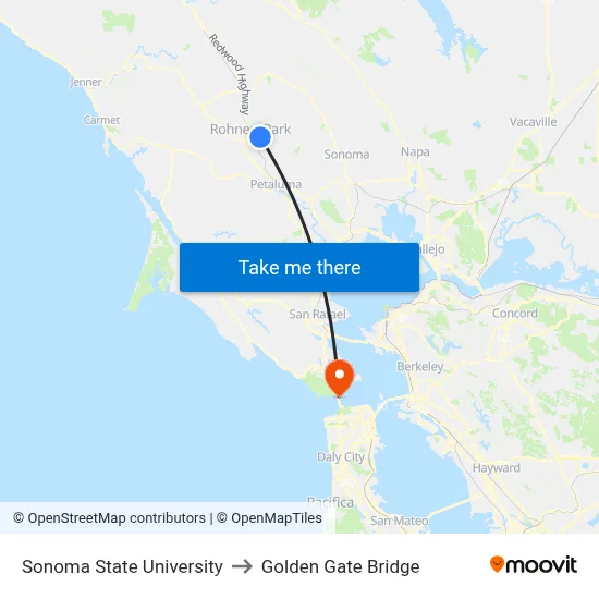 Sonoma State University to Golden Gate Bridge map